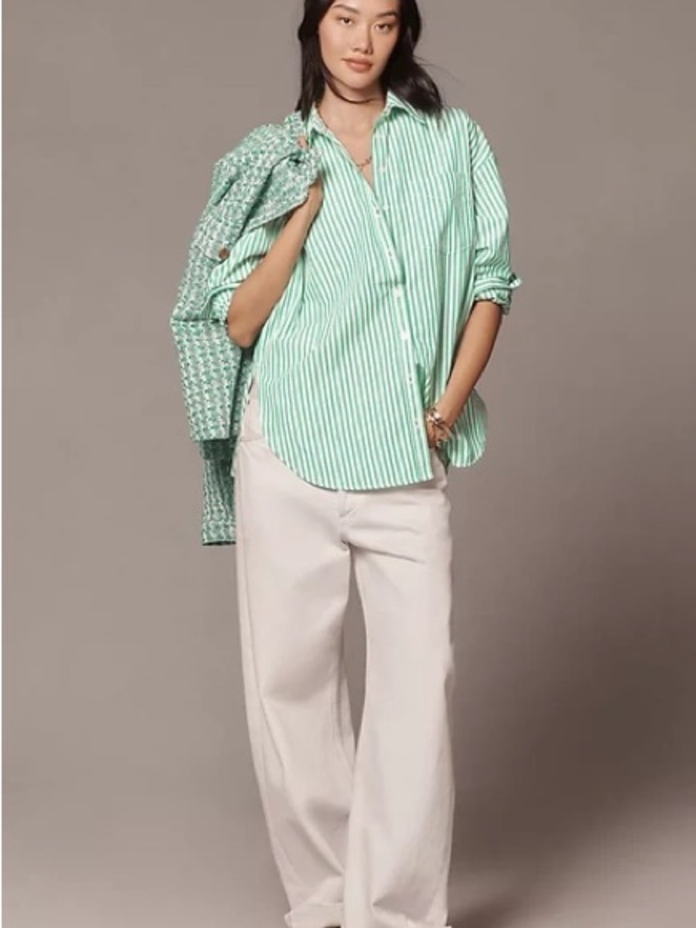 Anthropologie Maeve Bennett Green Striped Button Down Shirt